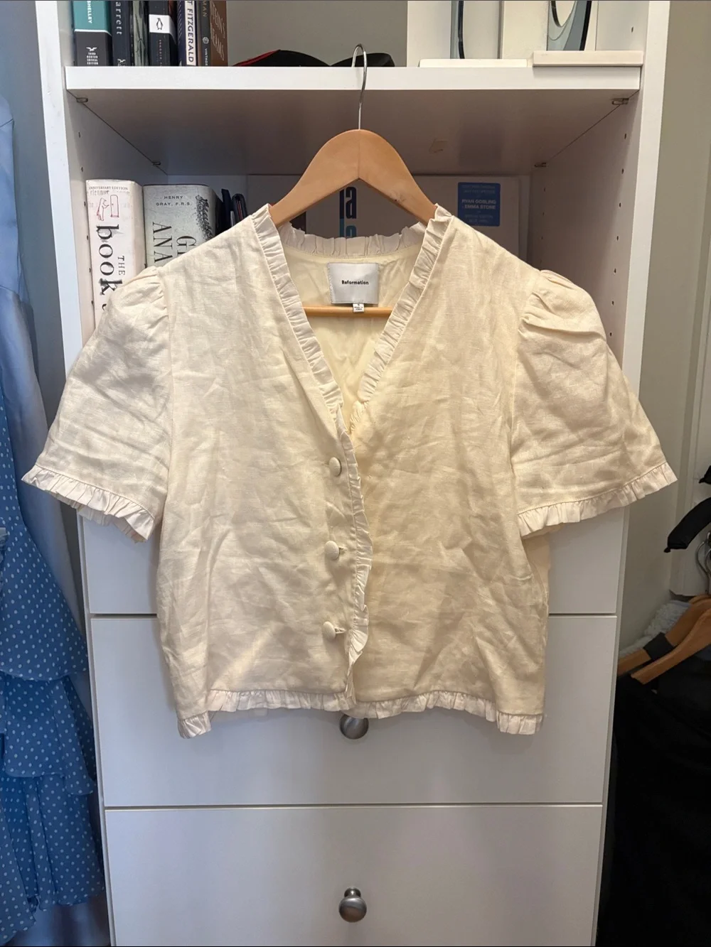 Reformation Cream Ruffle-Trim V-Neck Linen Blend Blouse